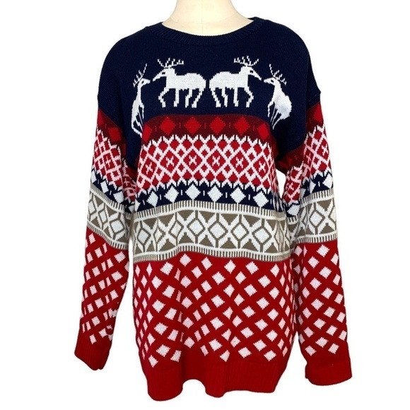Fair isle Knit Sweater Sz S Oversized Blue Red Winter Deer Ugly Xmas Pullover - Picture 1 of 11